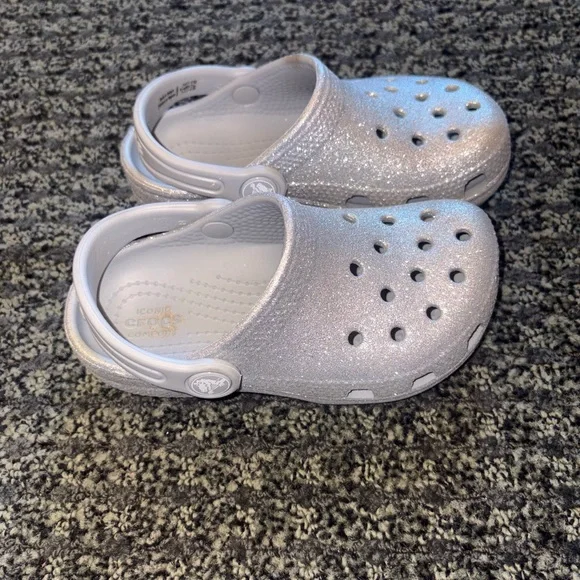 Crocs Kids Classic Glitter Clog Size C9 Silver Sparkle Slip On Water Shoes Cute - Picture 5 of 5